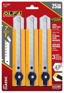 OLFA H-1/CP3 Classic Extra Heavy-Duty Ratchet-Lock Utility Knife With Anti-Slip Grip, 3-Pack