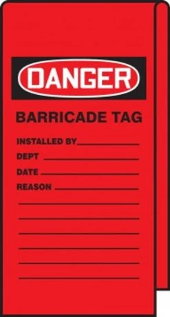 Accuform TAT116 Wrap 'n Stick Tag, Danger Barricade TAG, 12" Length X 3.125" Width, Adhesive Vinyl, Black/White On Red -Pack Of 25